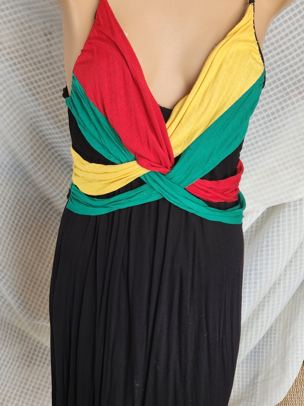 Black Maxi Dress with Red, Yellow & Green Twist Bodice